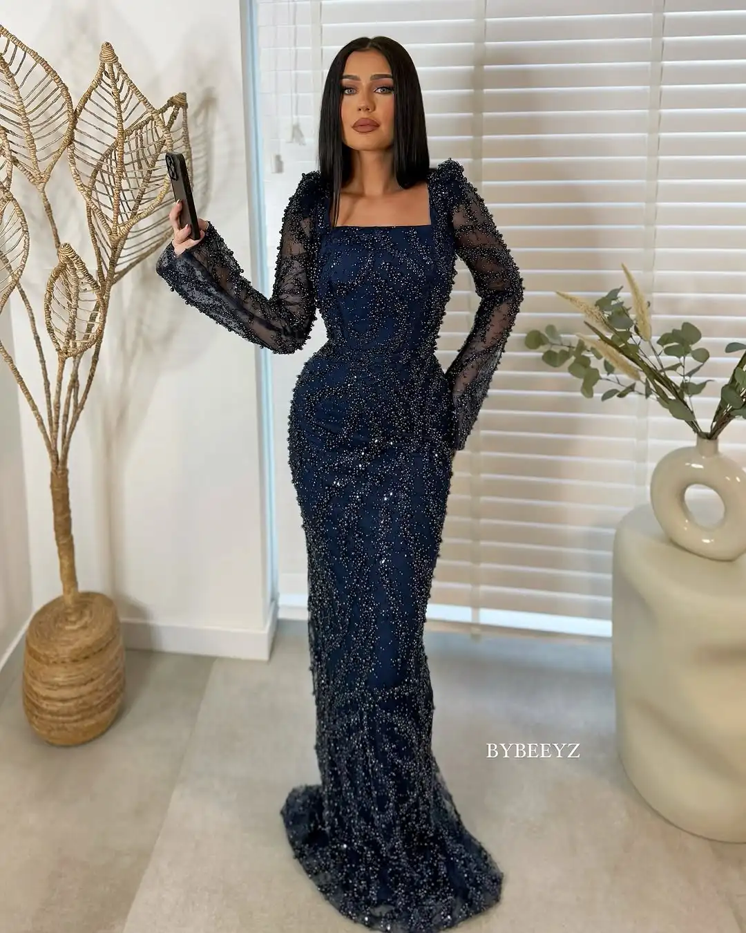 BABYONLINE Customzied Eveing Dress Women Luxury Long Sleeve Elegant party dresses Full Crystals Sheath Mermaid Long Formal Abiye image 5