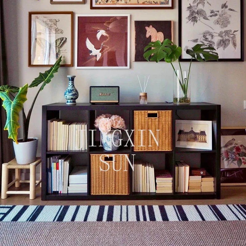 Retro bookcase, black eight-grid cabinet, household floor-to-ceiling cabinet, integrated display cabinet against the wall