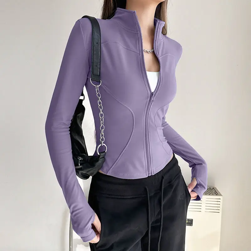 Spring Quick Drying Women Motion Zipper Solid Color Bodybuilding Casual Stand Collar Elastic Force Comfortable All-match Coat