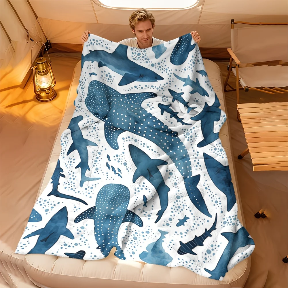 1pc of Soft, Skin-friendly, Warm Blue and White Whale Shark Watercolor Pattern Blanket, Machine Washable and Easy to Clean, Doub