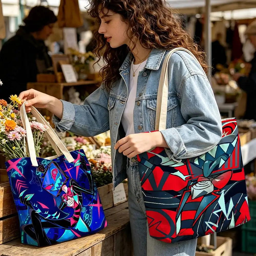 V-Vox Hazbin Hotel Anime Printed Women Cotton‑Polyester Shoulder Tote Bag Casual Shopping Cases Bag Storage Handbag Gifts
