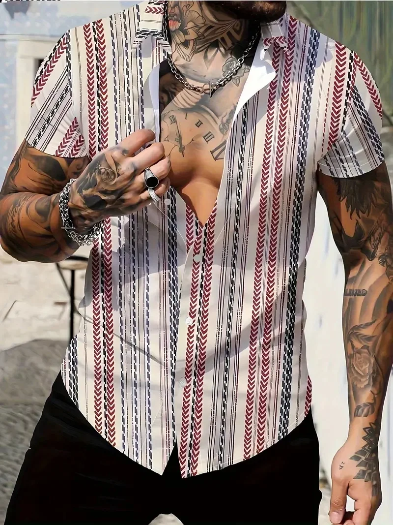 

Spring and summer holiday men's fashion casual short sleeve button-down shirt, Hawaiian trendy style color block stripe pattern