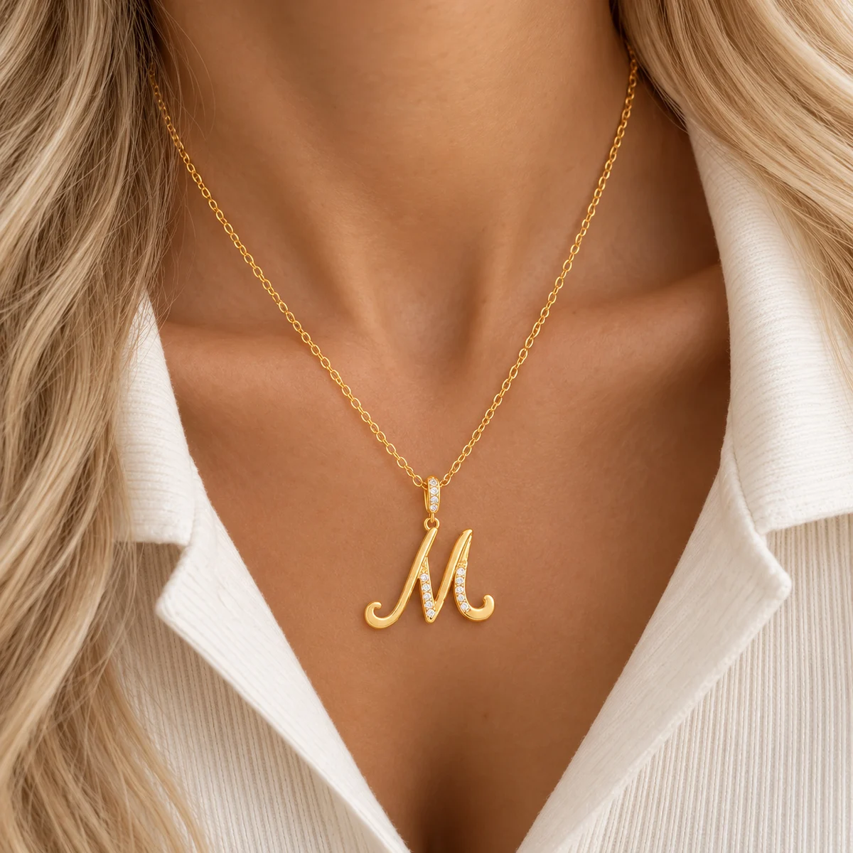 Initial Charm Gold Plated Letter Necklace for Women Men with Cubic Zirconia Script Cable Chain Jewelry Accessory Daily Wear Gift