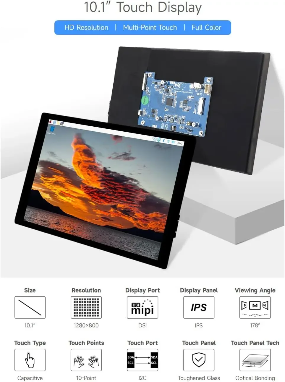 Waveshare 10.1 inch IPS Capacitive TouchScreen DSI Display 1280x800 10-point Touch for Raspberry Pi 5/4B/3B+/3A+, CM3/3+/4