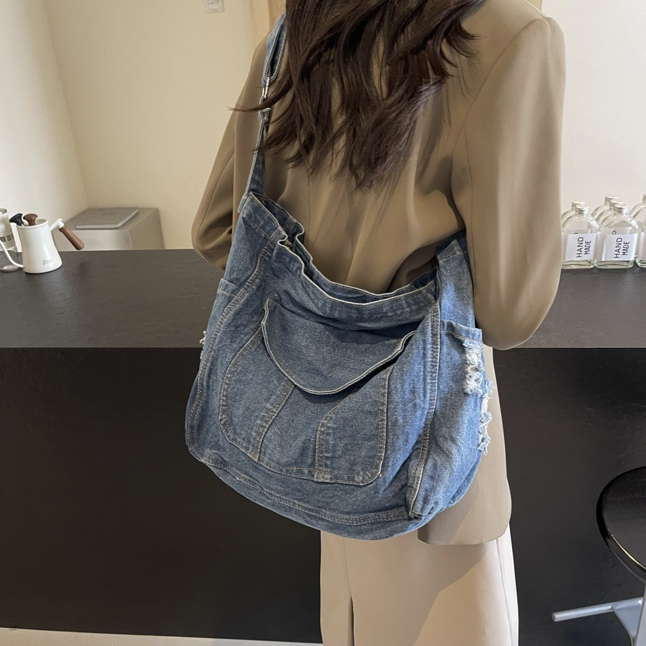 Hole Denim Shoulder Bags Women Large Canvas Satchels Korea Style Cloth Book Bags Solid Simple Pastoral Packages Preppy Style Bag