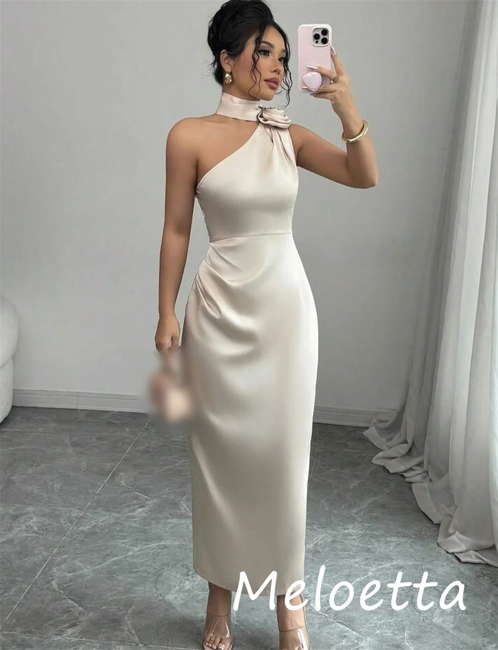 Customized Modern Style Charmeuse Flower Pleat Straight Halter Midi Dresses Bespoke Occasion Exquisite