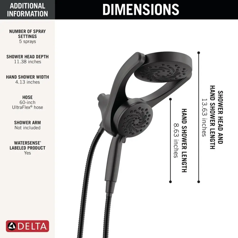 رأس دش مزدوج مكون من 5 إعدادات مع رذاذ عالي الضغط، لمسة نهائية سوداء غير لامعة، معدل تدفق 1.75 جالون في الدقيقة #5