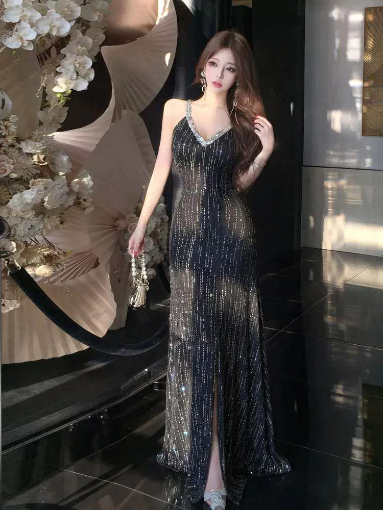 

Высококачественное черное вечернее платье в стиле ретро со стразами и пайетками, женское вечернее платье без рукавов с боковым разрезом на бретельках, коктейльное платье для выпускного вечера, Vestidos Rob
