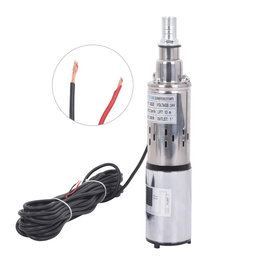 

Solar Submersible Well Pump Deep Well Pump Stainless Steel 24V 260W 1 Outlet Max. 173FT with 55.77ft Black Wire