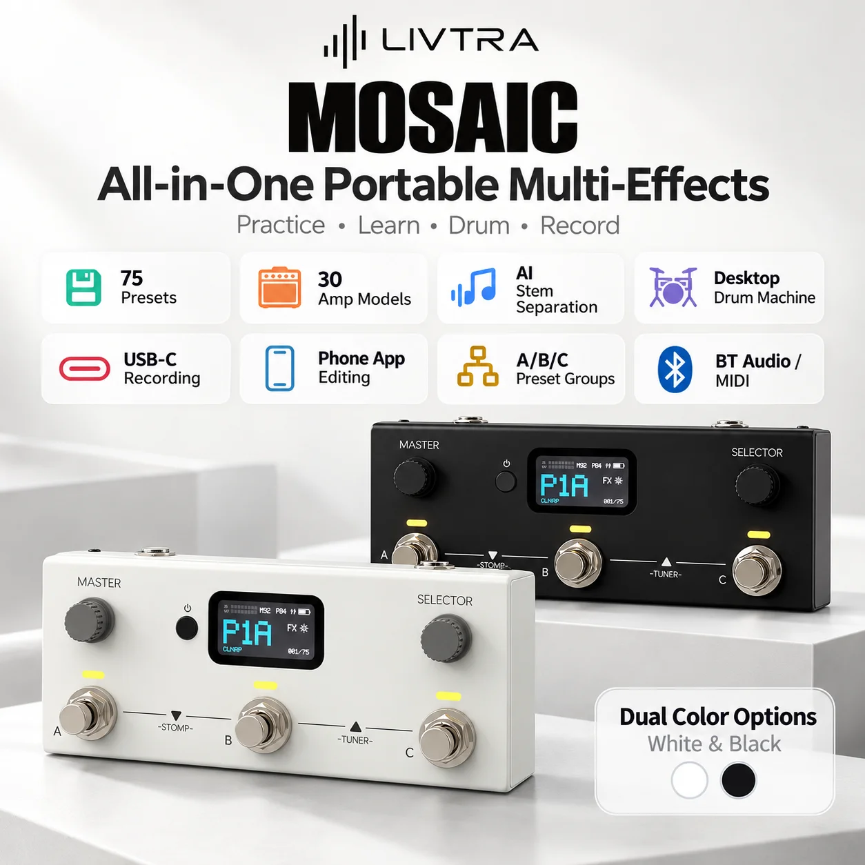 LIVTRA MOSAIC Multi-Effects Processor Effect Pedal AI Stem Separation Effector 8+1 Modules NAM for Acoustic Electric Guitar Bass
