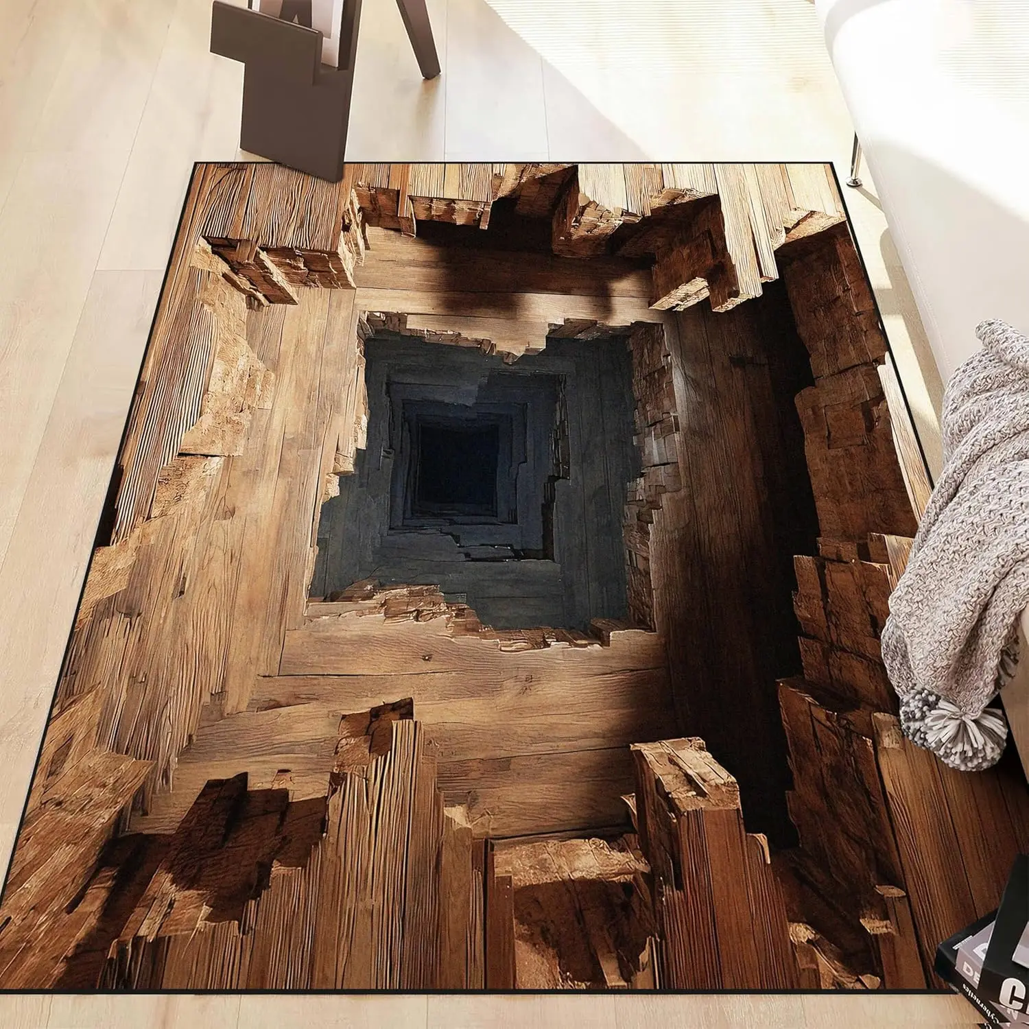 

3D Wood Hole Rugs for Bedroom Boys Living Room Hallway Entryway Dorm Optical Illusion Hardwood Carpets Floor Mat Indoor Doormat