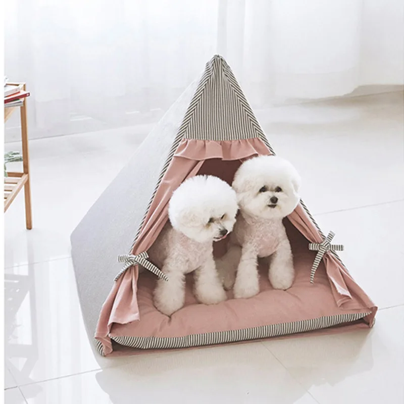 Foldable Portable Teepee Cat Bed With Cushion Luxury Puppy Excursion Pet Tent House