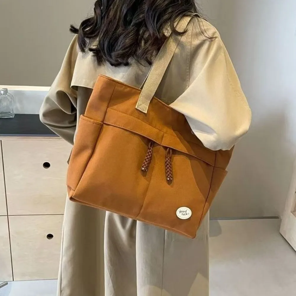 

Simple Solid Color Canvas Tote Bag Japanese Style Large Capacity Simple Handbag Multi Pocket Shoulder Bag Shopping