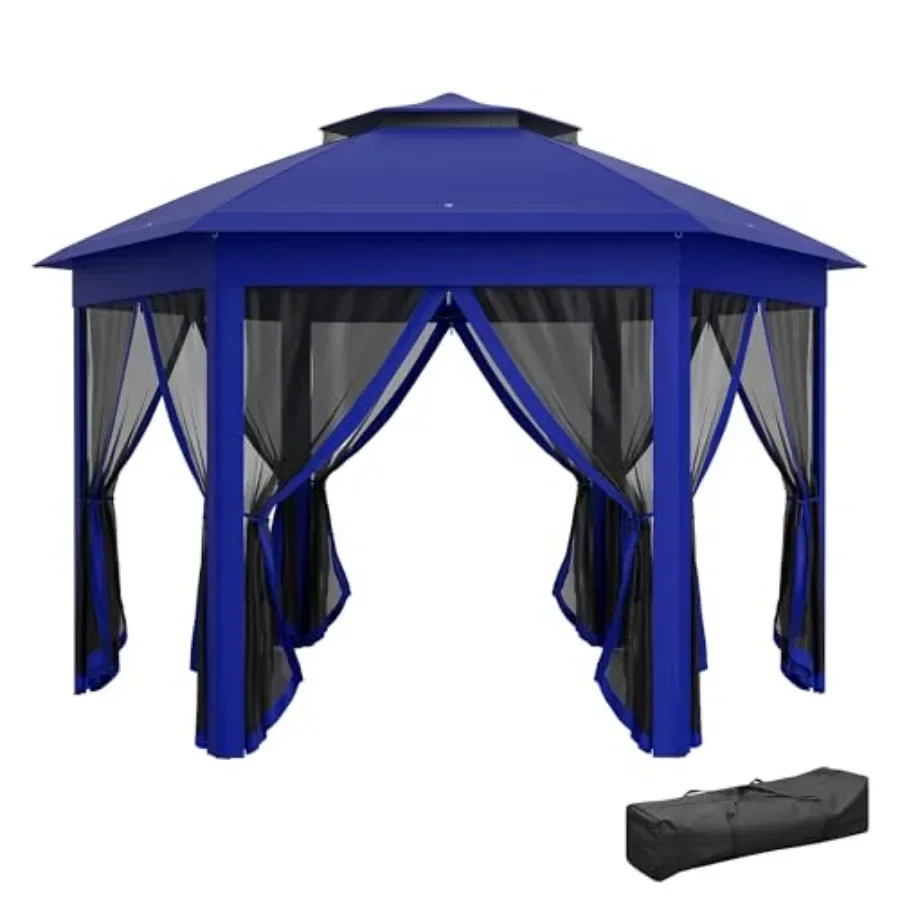 13' x 13' Hexagonal Pop Up Gazebo with k Blue and Black Mesh Netting Steel Fe  Shelter for Patio Backyard Garden Wedding Party