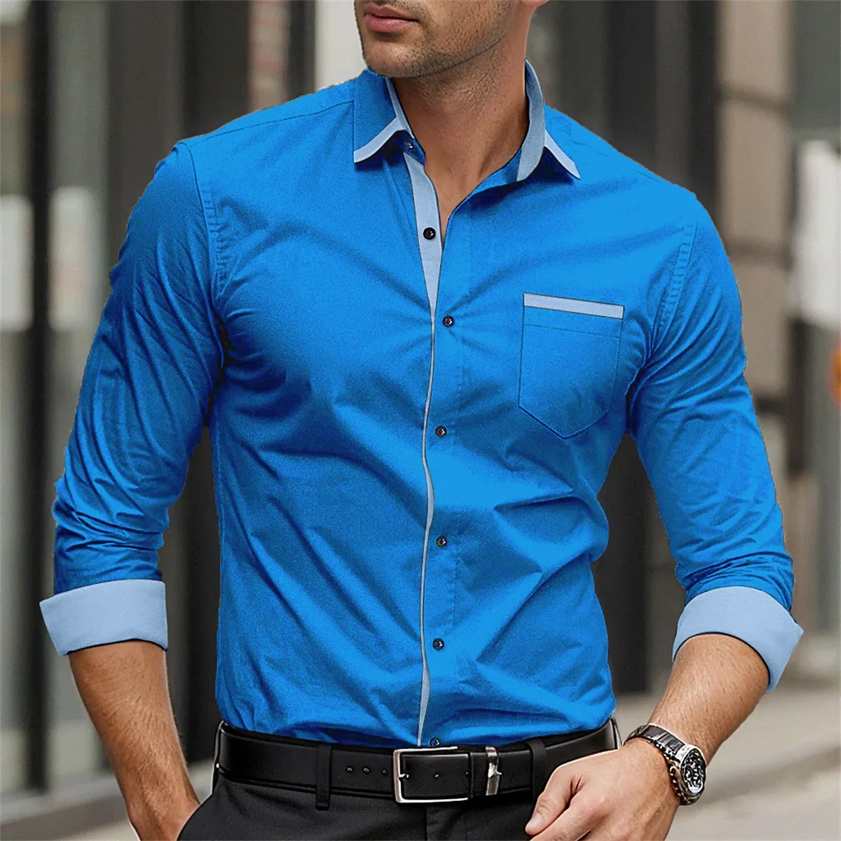 Men\'s solid color formal business shirt casual breathable long sleeved shirt button up collar fashionable street men\'s top
