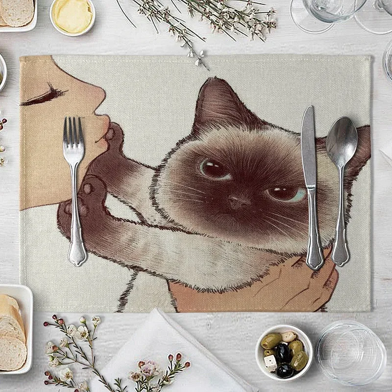 45x32cm Linen Print Table Mat Cute Cat Cartoon Animal Pattern Placemats For Children Kids Kitchen Dining Place Pads