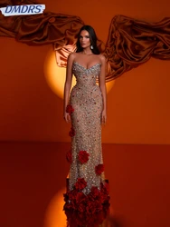 Luxurious Beaded Rhinestones Evening Dress With 3D Flower Illusion Sleeveless Prom Dresses Customized Elegant Wedding Party Gown