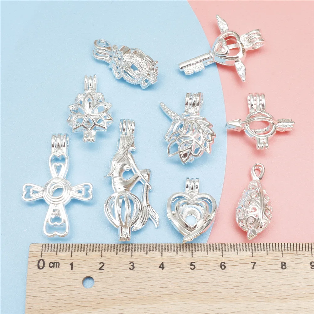 9pcs/Lot Mixed Pearl Cage Color Pendants Aromatherapy Mermaid Essential Oil Diffuser Necklace Locket For DIY Jewelry