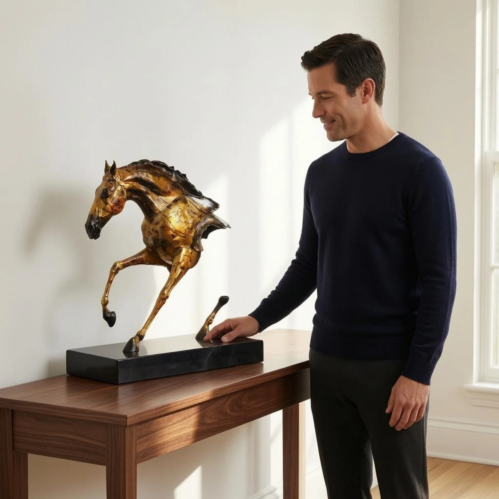 Leaping Horse Statue Glossy Home Decor Art Figure Metal-Look House Decoration Lifelike for Office