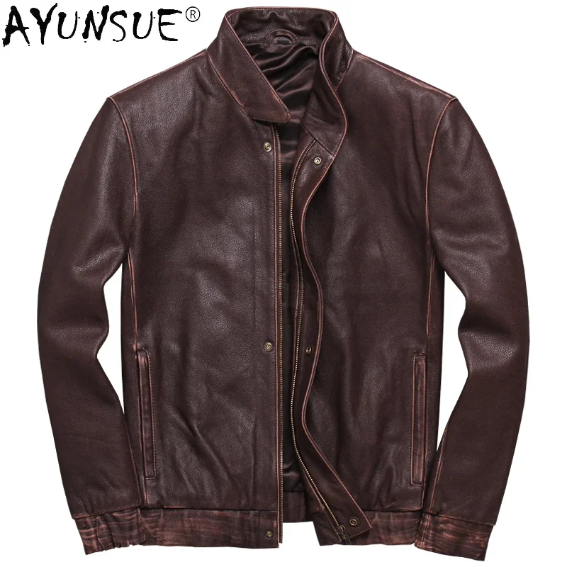 AYUNSUE 2025 Mens Vintage Leather Jacket Slim Short Cowhide Leather Coat Male Casual Korean Outwear 5xl Chaquetas Hombre SQQ335