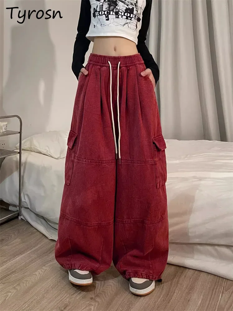 Wide Leg Pants Women Loose Elastic High Waist Drawstring Multiple Pockets Design Plus Size Aesthetic Stylish Vitality Youthful