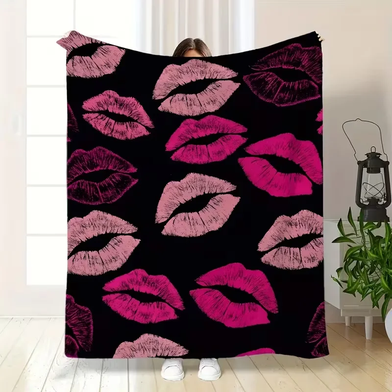 Black Background Pink Red Lip Print Blanket Trendy Kiss Lips Pattern Soft Warm Modern Fashion Home Decor Blanket For Bedroom