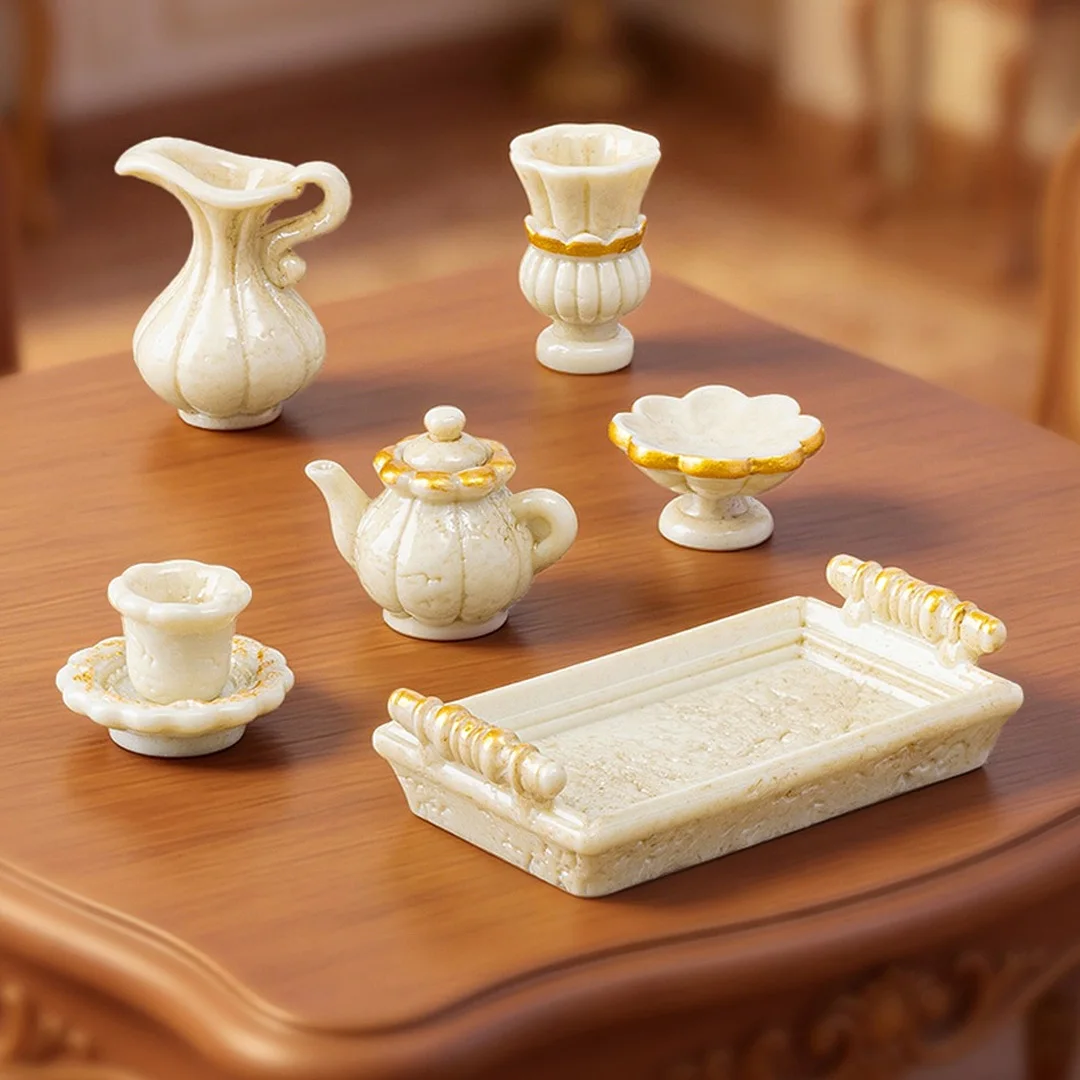 9Pcs Mini European Retro Style Tea Set Figurine DIY Home Decor Miniature Landscape Fairy Garden Decoration Accessories Modern