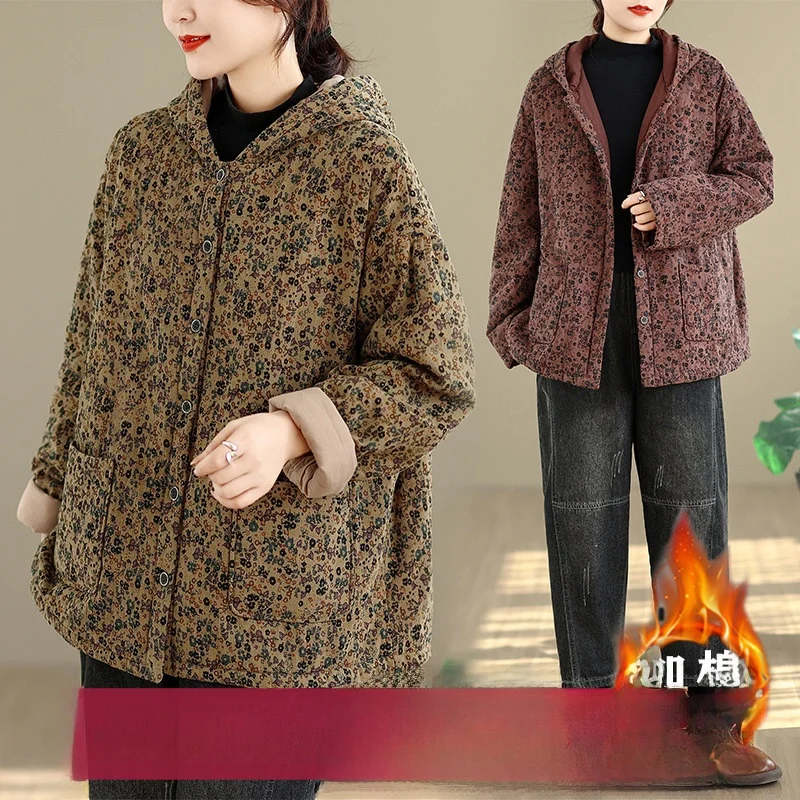 

Winter Casual Floral Print Women's Cotton Jaet Warm Thiened Long Sve Hooded Coat Korean Sle plus Size Faionable
