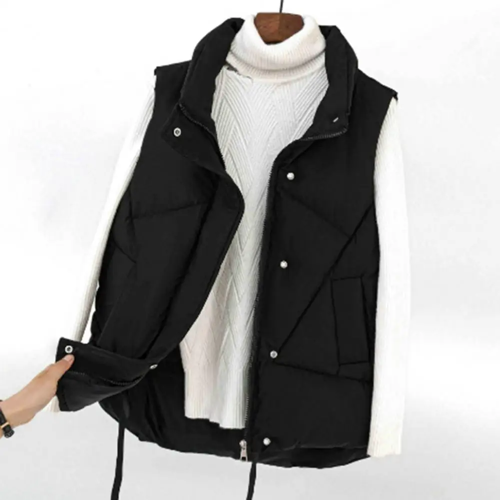 Women Waistcoat Women\'s Windproof Cotton Padded Vest with Stand Collar Drawstring Waist Sleeveless Winter Jacket with Zipper