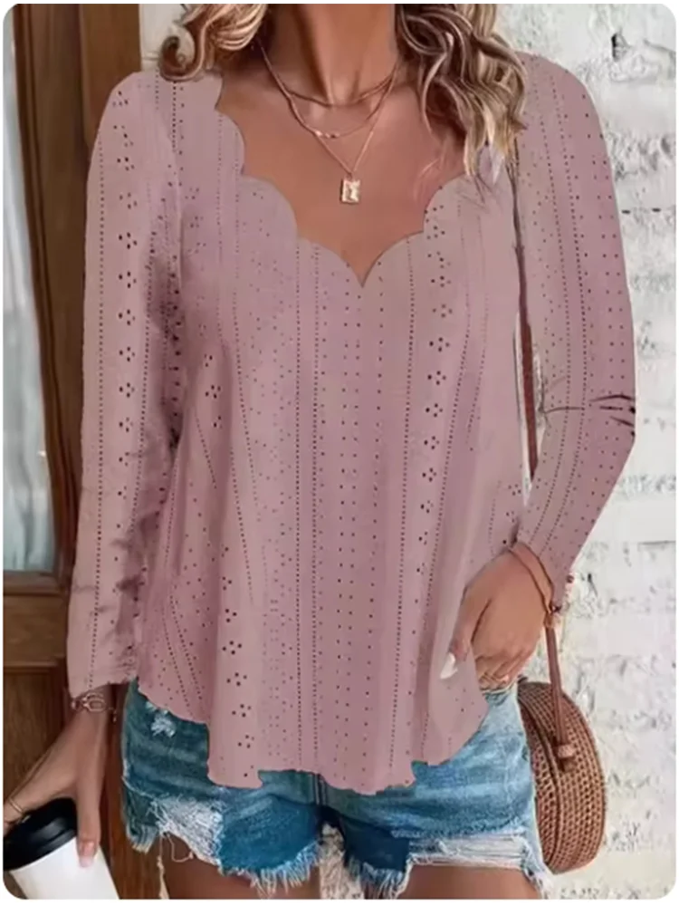 Fashion Wave V Neck Top Women's Long Sleeve Solid Color Shirt Spring Autumn Simple T-Shirt