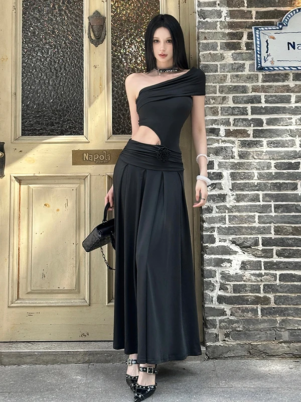 エレガントな韓国風の奇妙なデザインのロングドレス、女性用、ウエストを絞った肩出しドレス、花柄装飾、夏の季節のドレス