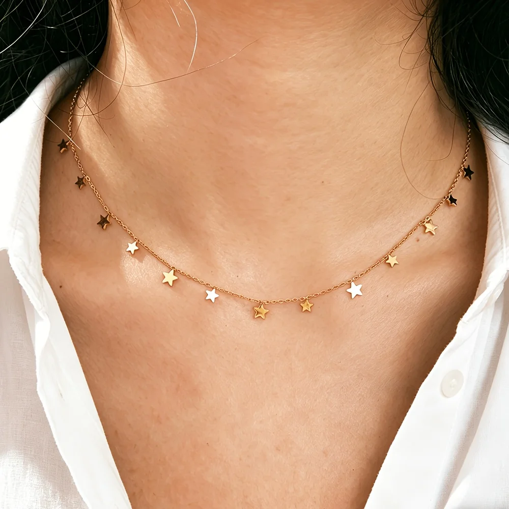 Scattered Multi Color Tiny Star Thin Chain Collarbone Necklace 316L Stainless Steel Gold Soft Mini Star Daily Jewelry