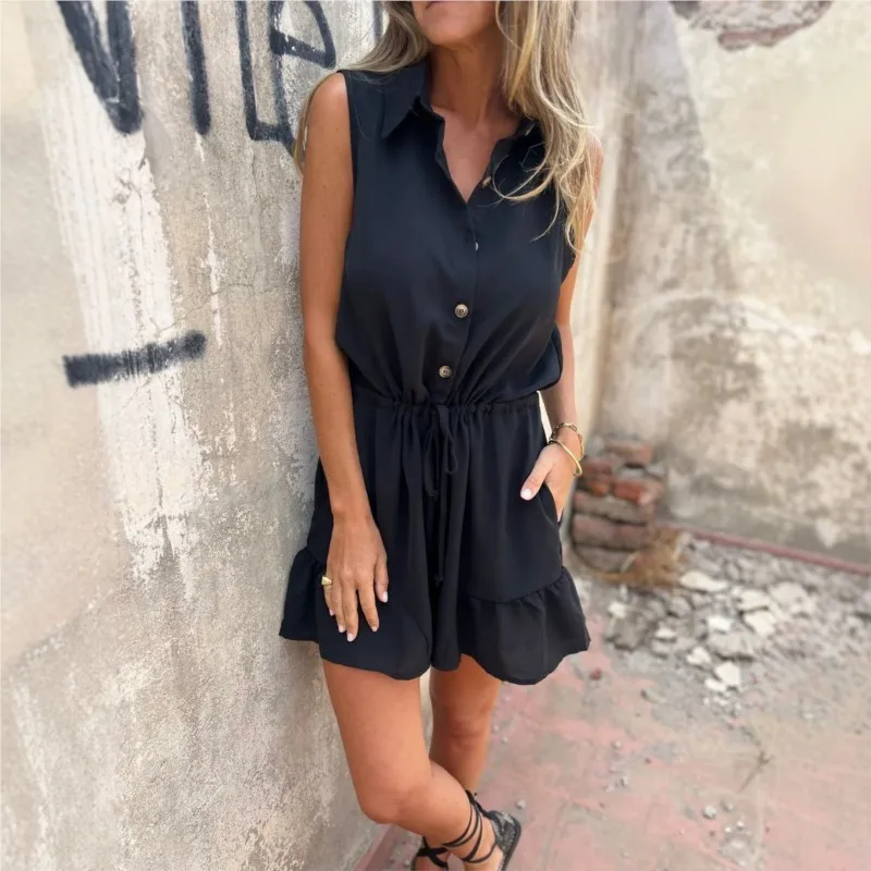 

2026 New Women's Jumpsuit Shorts With Button Solid Color Straps Loose Elegant Fashionable Comfortable Sleeveless Jumpsuit Shorts