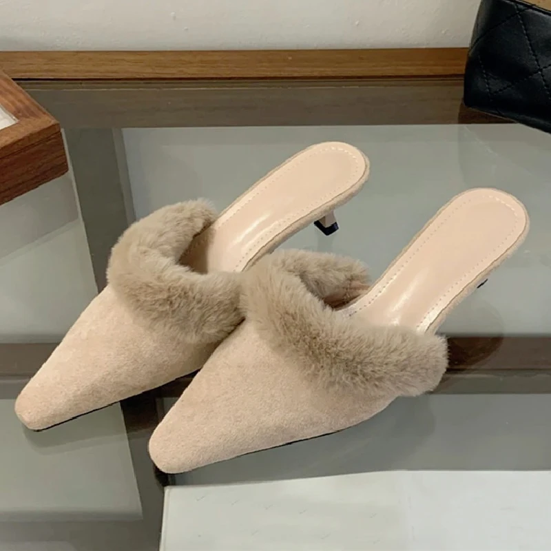

Осень-зима, пушистые женские туфли-лодочки из искусственной замши, дизайнерские шлепанцы с квадратным носком на тонком низком каблуке, шлепанцы для женщин, Zapatos De Mujer