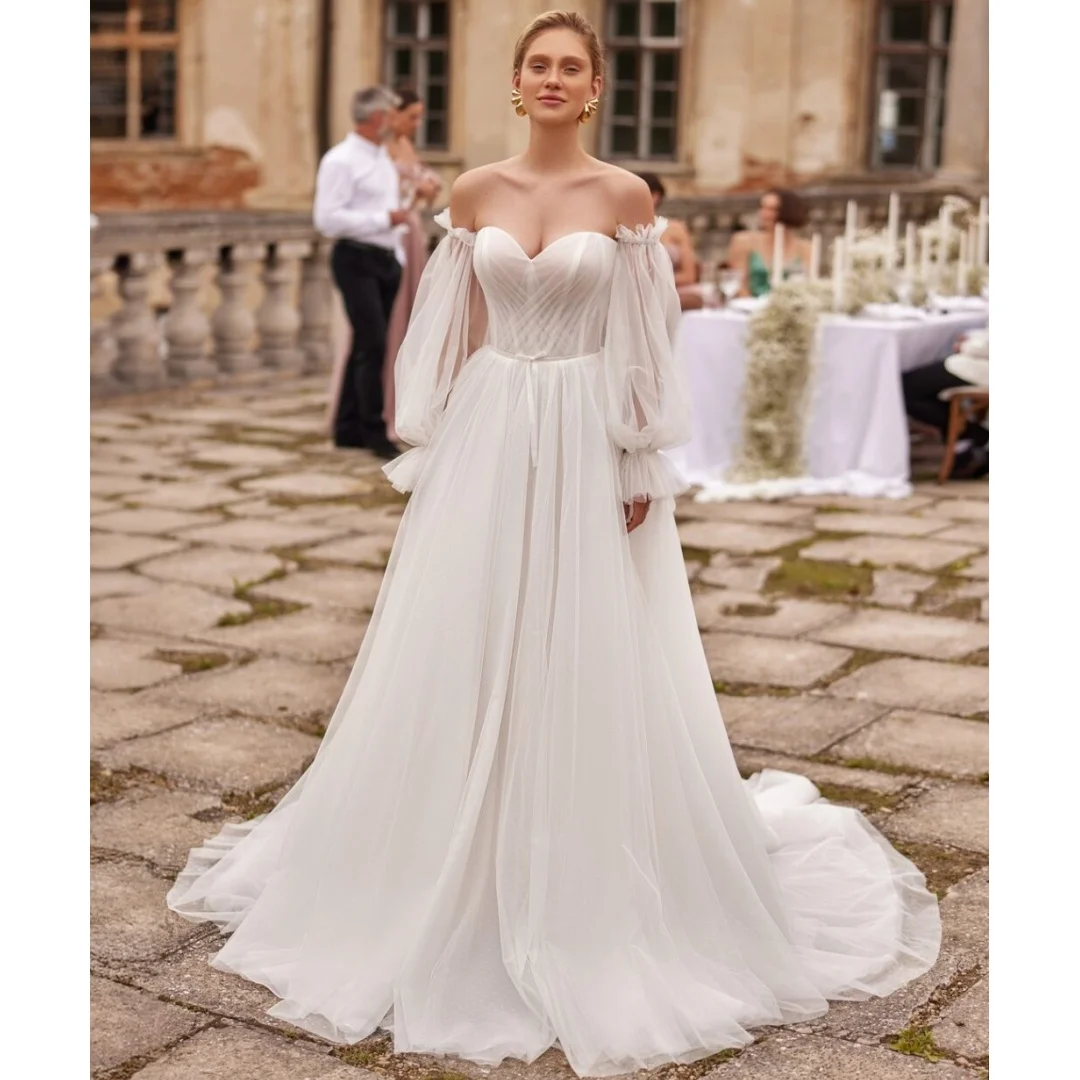 

Simple Plain Sweetheart Tulle Wedding Dresses Long Sleeve A-line Gorgeous Pleats Bow Belt Party Dress Customized Bridal Gowns