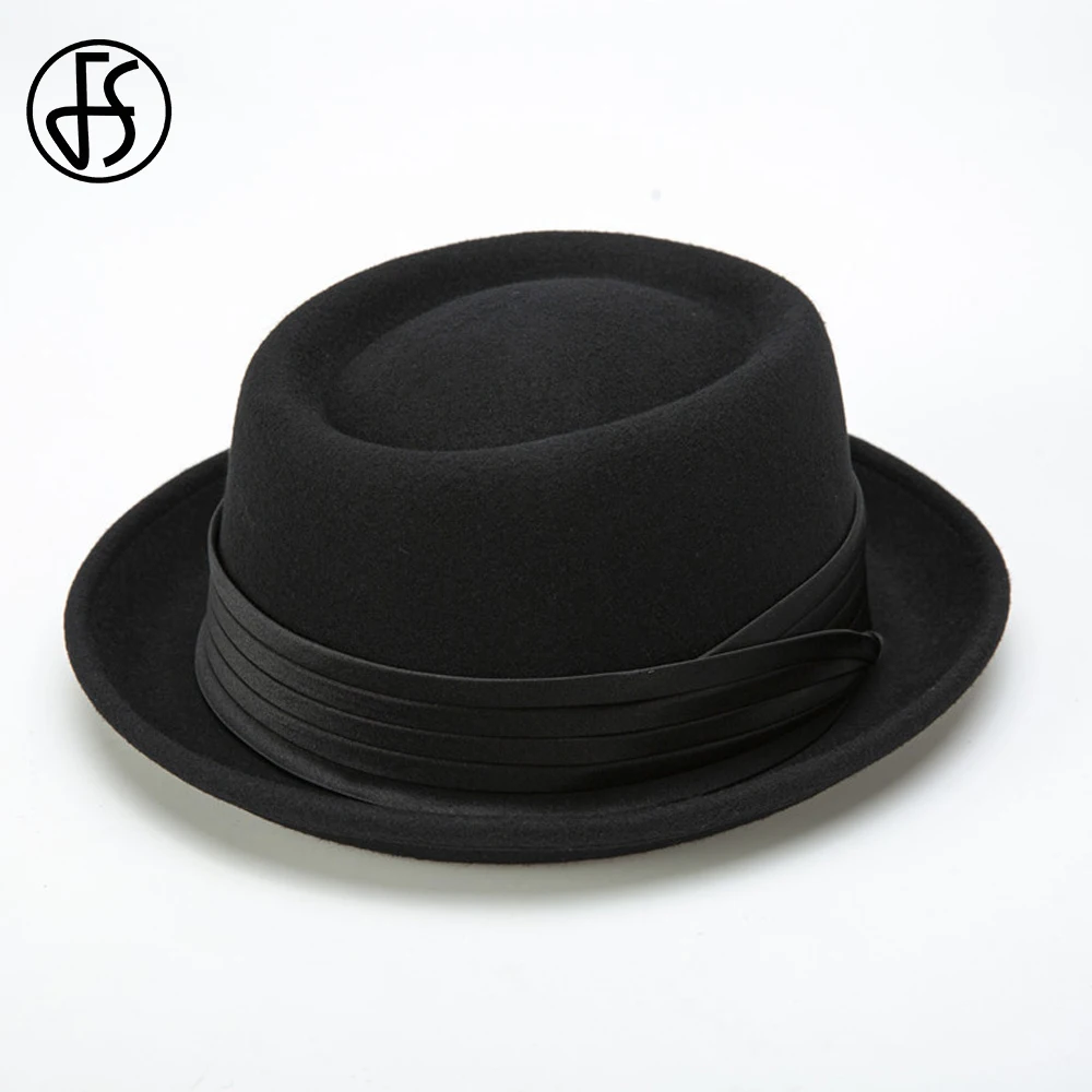 FS 2023 Roll Brim Black Pork Pie Hat For Men Ivory White Wool Fedoras Deep Camel Jazz Cap Church Panama Gangsters Caps Gentlemen