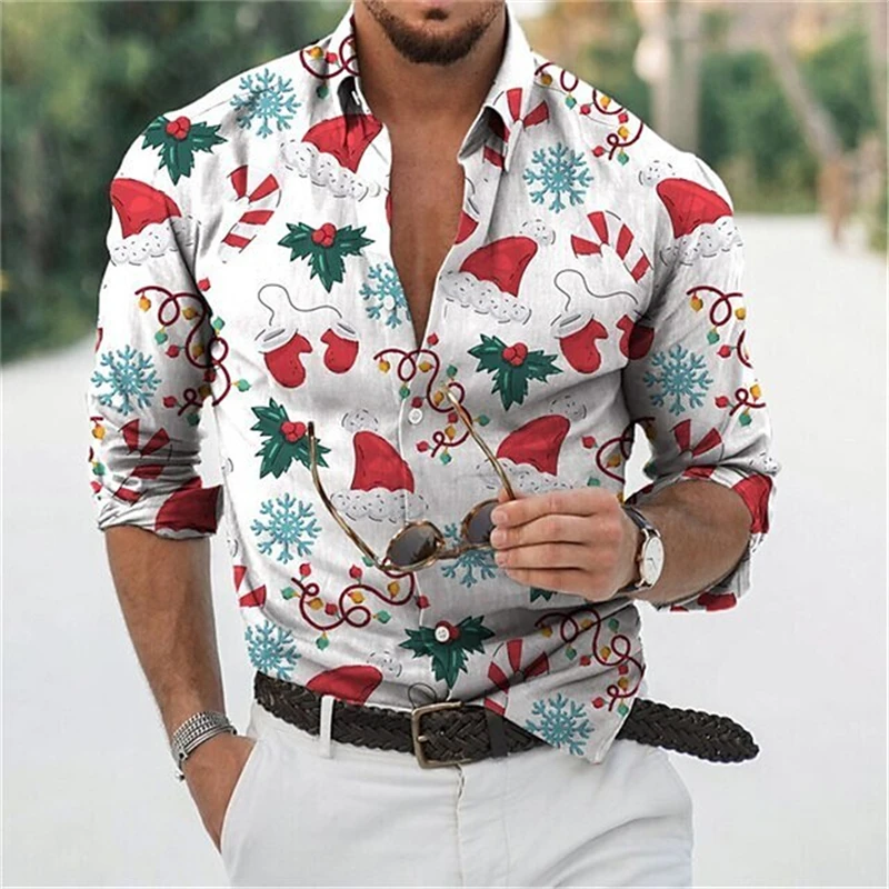 Funny Christmas Theme 3D Print Men\'s Butttton Shirts Casual Long Sleeve Streetwear Tops Unisex Holiday Party Chic Hawaiian Shirt