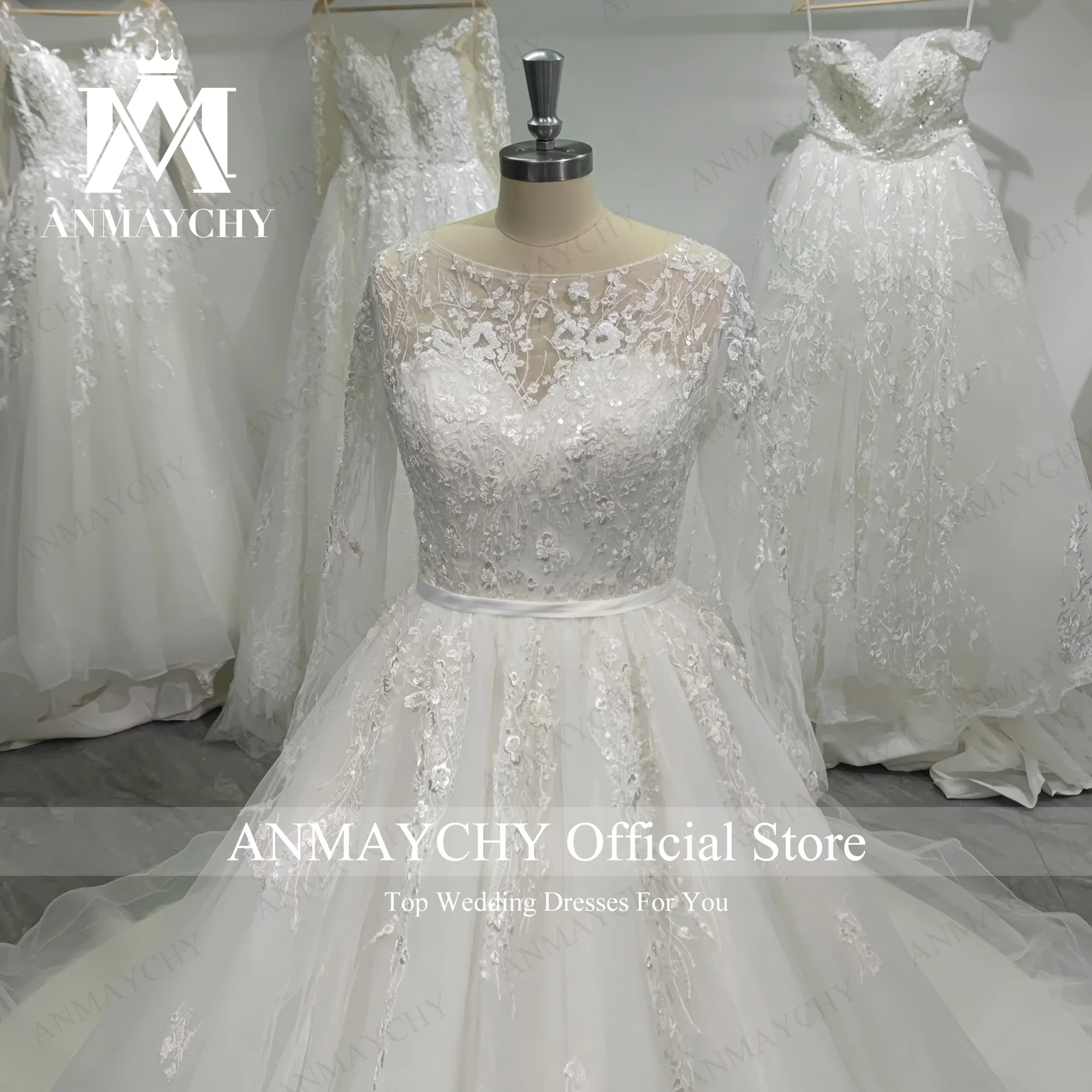 ANMAYCHY a-line فساتين زفاف للنساء 2023 طويلة الأكمام الوهم زر الزهور الدانتيل الخرز ثوب الزفاف Vestidos De Novia