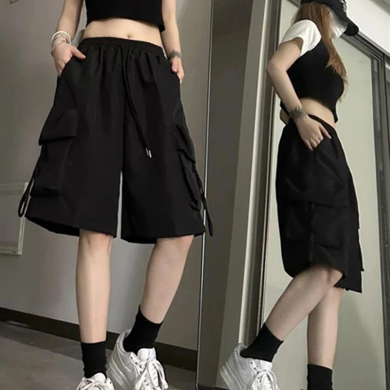 Y2K Summer Women Vintage Streetwear Korean Casual Shorts High Waist Knee Length Wide Leg Baggy Cargo Pockets Short Pants Clothes