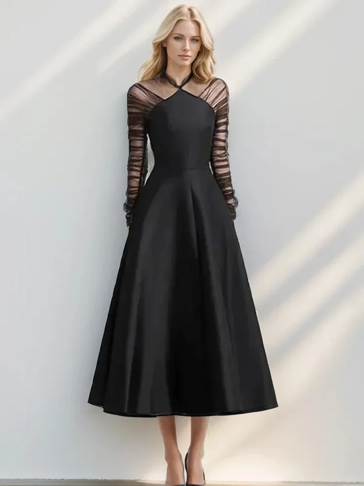 

Sexy Halter Neck Mesh Long Sleeve Long Dress Women Black Mesh Flods Sleeve A-line Dresses Elegant Evening Party Gowns