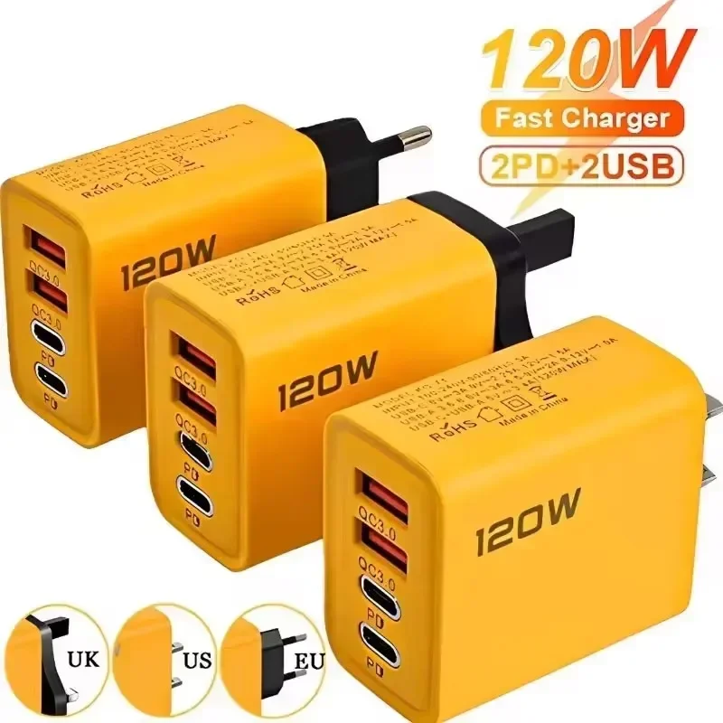 4 Ports 120W Charger USB C PD Super Fast Charging Quick Charge 3.0 Type C USB Phone Chargers Adapter For iPhone Samsung Xiaomi