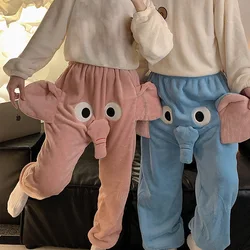 Men's Autumn and Winter Cute Funny Elephant Pants Couple Velvet Thickened Loose Leisure Pants Women's Warm Home Sleeping Pants