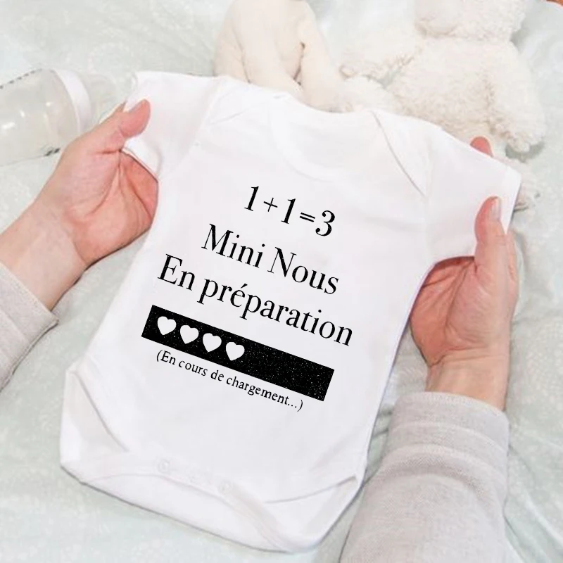 1+1=3 Mini Us in Preparation Being Loaded Printed Baby Romper Pregnancy Announcement Clothes Infant Short Sleeve Bodysuit Outfit