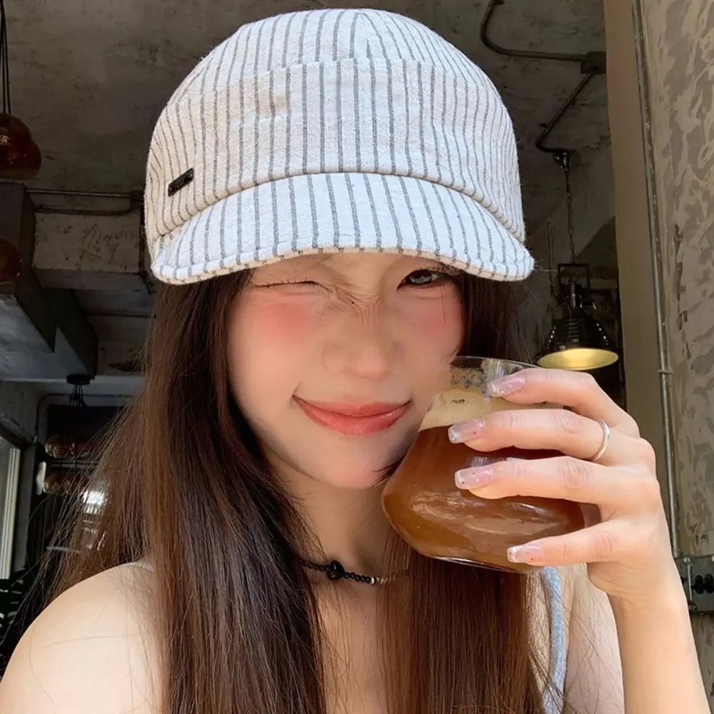 

Japanese Korean Striped Peaked Caps Versatile Soft Strip Baseball Cap Classic Cloth Newsboy Hats Spring Summer