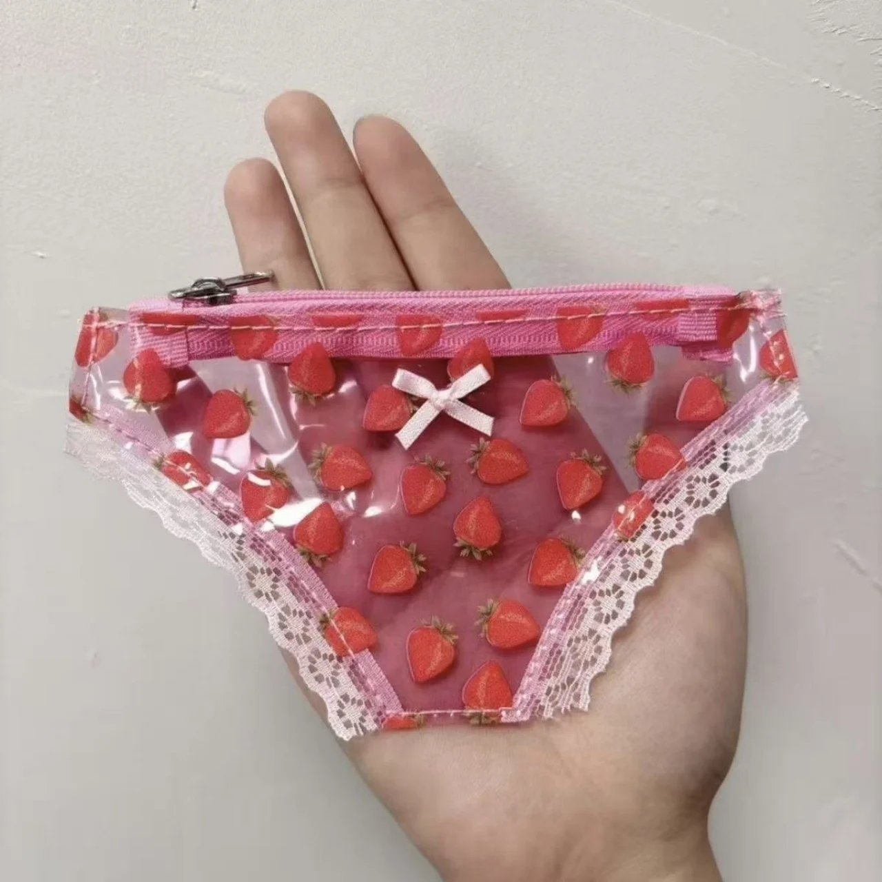 Pink Lace Coin Purse PVC Panties-Shaped Mini Storage Bag Zipper Strawberry Makeup Bag Women Wallet Party Gift Birthday Present