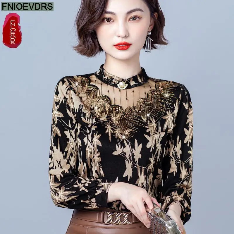 S-5XL Women Winter Spring Basic Wear Elegant Office Lady Turtleneck Bling Gold Warm Velvet Inside Black Lace Tops And Blouses