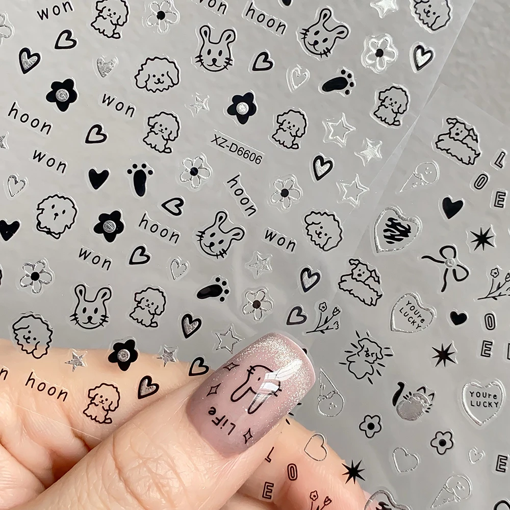 12 fogli Cartoon Black Cat Adesivi per unghie Set Azione multipla Kawaii Cucciolo Gattino Nail Art Decalcomanie Adesivo Bambini Manicure Decoratio