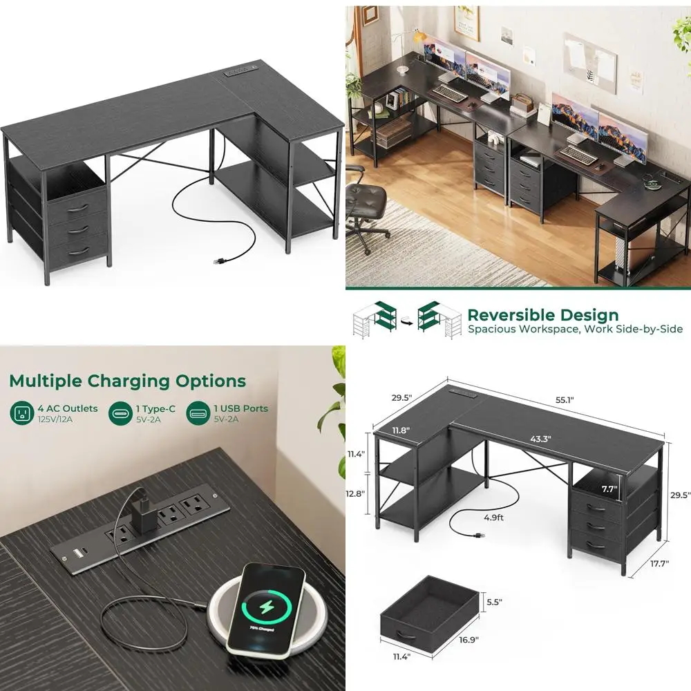 

Large L-Shaped Office Desk with Integrated Power Outlets, 55 Computer Desk Featuring 3 Drawers and Shelves, Versatile for Gaming