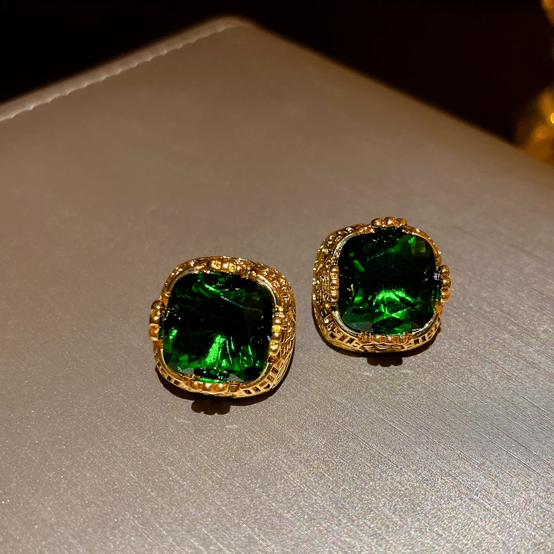 Vintage Green Zircon Crystal Earrings For Women Geometric Square Stud Earrings Luxury Designer Jewelry For Party Wedding