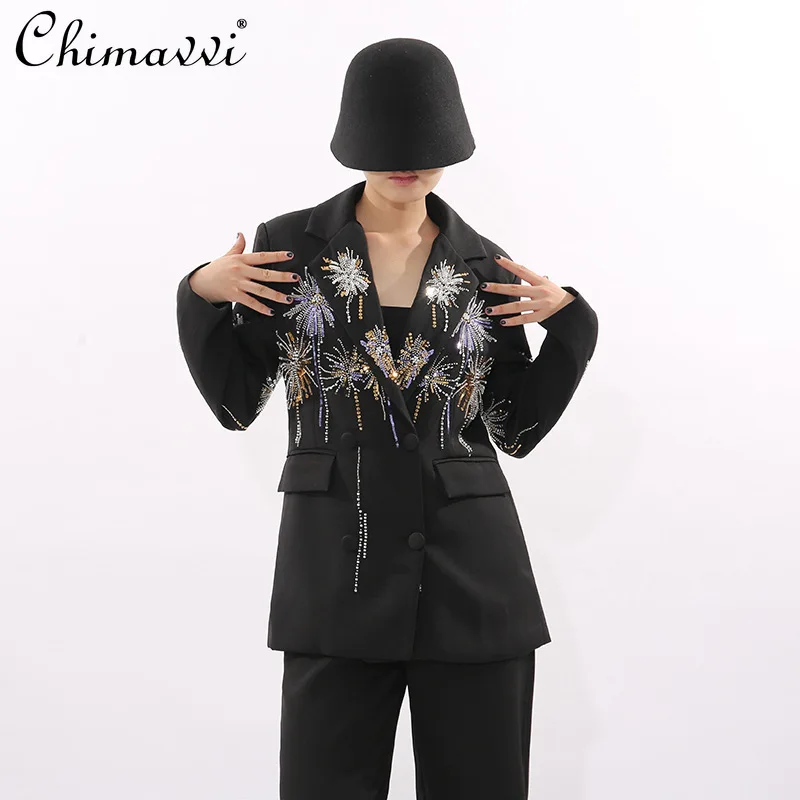 

French Style Elegant Commuter Jackets Beading Diamond Double-Breasted Slim Fit Elegant Versatile Black Blazer Women Autumn 2025